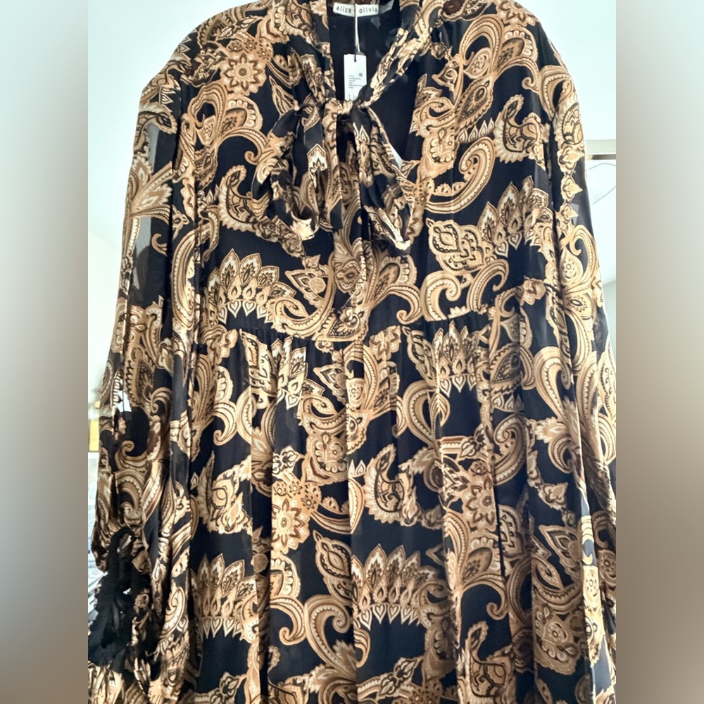 Alice + Olivia Black and Gold Paisley Tie-Neck Blouse Dress